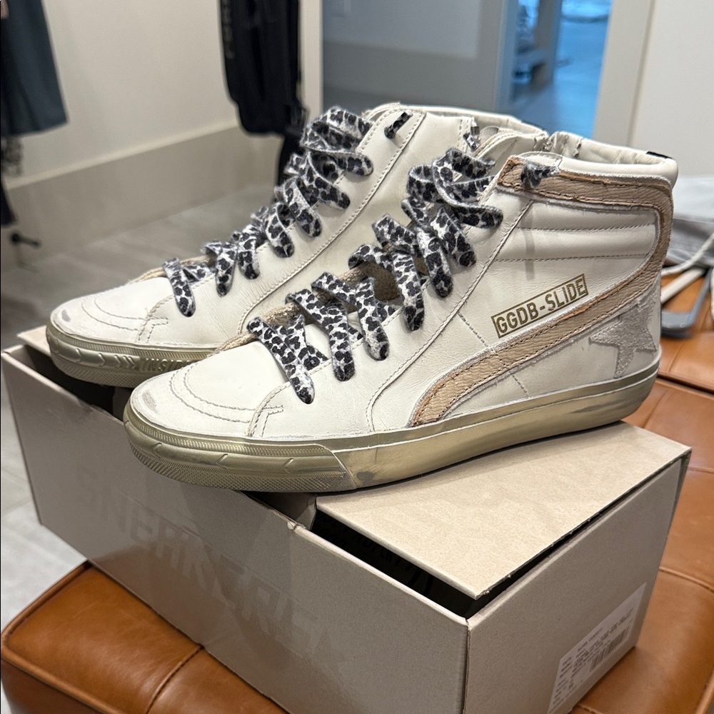 Golden Goose High-Top Sneakers in Cream and Brown